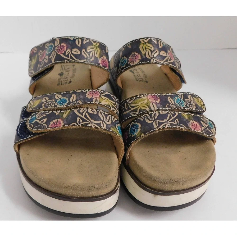 L'Artiste by Spring Step Dearest Black Floral Leather Strap Platform Slide sz 35